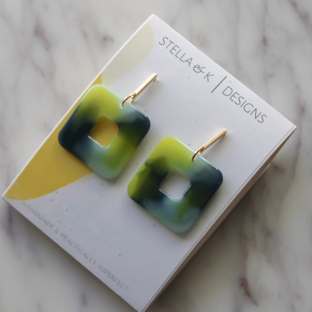 Handmade Earrings - Square Resin Earrings - Navy and Lime Green - NEW